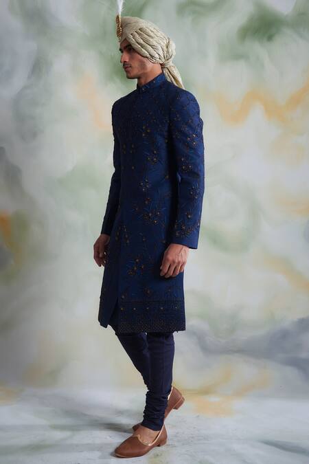 Gargee Designers_Blue Raw , Cotton Thread Work Floral Embroidered Sherwani Set _Online_at_Aza_Fashions