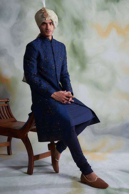 Buy_Gargee Designers_Blue Raw , Cotton Thread Work Floral Embroidered Sherwani Set _Online_at_Aza_Fashions