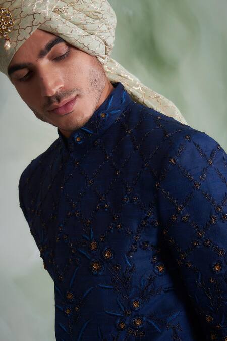 Shop_Gargee Designers_Blue Raw , Cotton Thread Work Floral Embroidered Sherwani Set _Online_at_Aza_Fashions