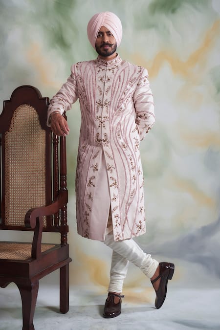 Gargee Designers Pink Slub Silk Embroidered Thread Work Floral Sherwani Set 