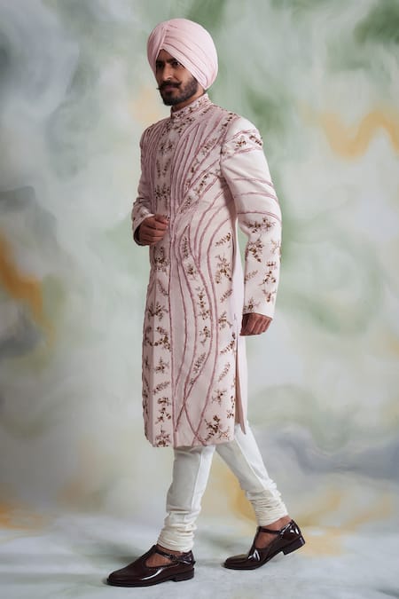 Gargee Designers Pink Cotton , Slub Thread Work Floral Embroidered Sherwani Set Online at Aza Fashions Gargee Designers_Pink Cotton , Slub Thread Work Floral Embroidered Sherwani Set _Online_at_Aza_Fashions