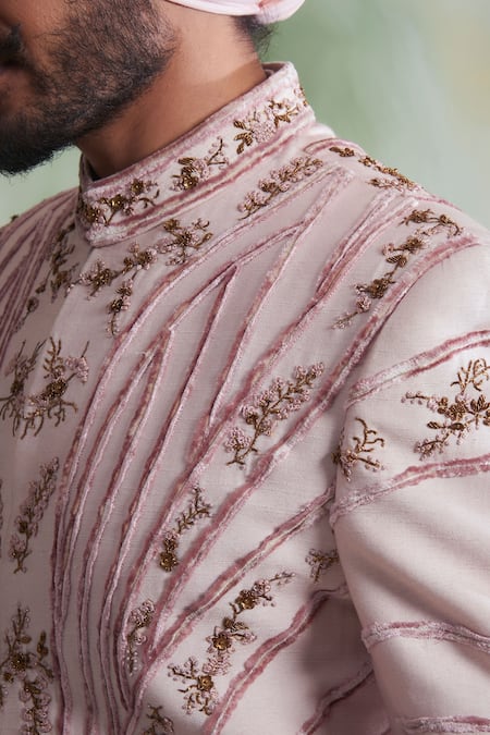 Shop Gargee Designers Pink Cotton , Slub Thread Work Floral Embroidered Sherwani Set Online at Aza Fashions Shop_Gargee Designers_Pink Cotton , Slub Thread Work Floral Embroidered Sherwani Set _Online_at_Aza_Fashions