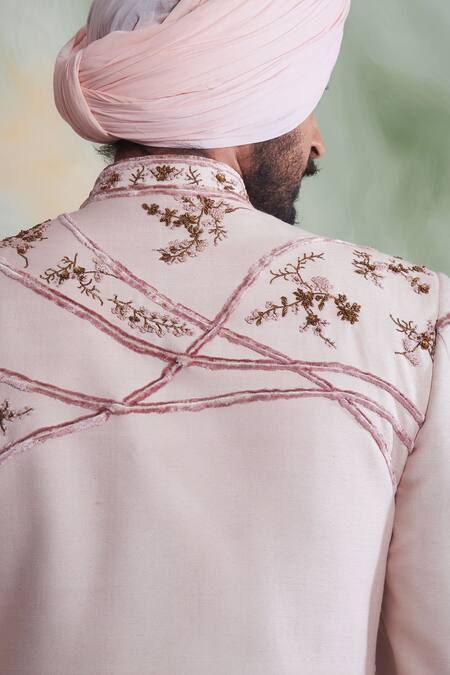 Gargee Designers Pink Cotton , Slub Thread Work Floral Embroidered Sherwani Set at Aza Fashions Gargee Designers_Pink Cotton , Slub Thread Work Floral Embroidered Sherwani Set _at_Aza_Fashions
