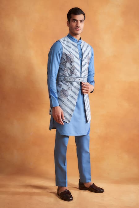 Gargee Designers_Blue , Cotton Bead , Thread Embroidered Jacket Kurta Set _Online_at_Aza_Fashions