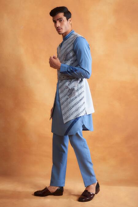 Buy_Gargee Designers_Blue , Cotton Bead , Thread Embroidered Jacket Kurta Set _Online_at_Aza_Fashions