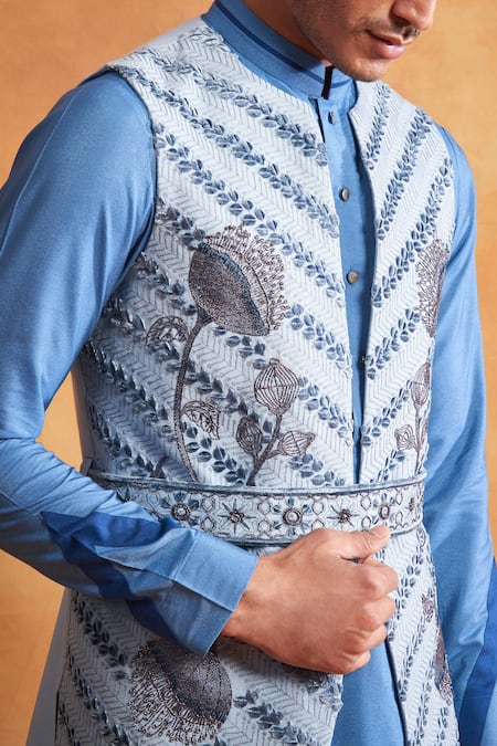 Shop_Gargee Designers_Blue , Cotton Bead , Thread Embroidered Jacket Kurta Set _Online_at_Aza_Fashions