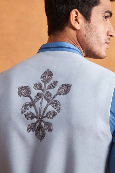 Gargee Designers_Blue , Cotton Bead , Thread Embroidered Jacket Kurta Set _at_Aza_Fashions