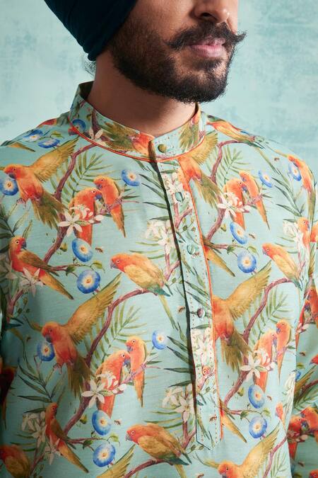 Gargee Designers_Blue Cotton Silk Bird Print Kurta Set _Online_at_Aza_Fashions