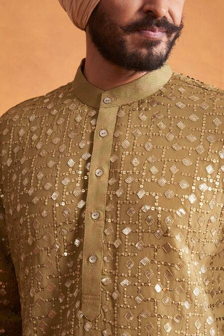 Gargee Designers_Green Georgette, Cotton Silk Geometric, Sequin Embroidered Kurta Set_Online_at_Aza_Fashions