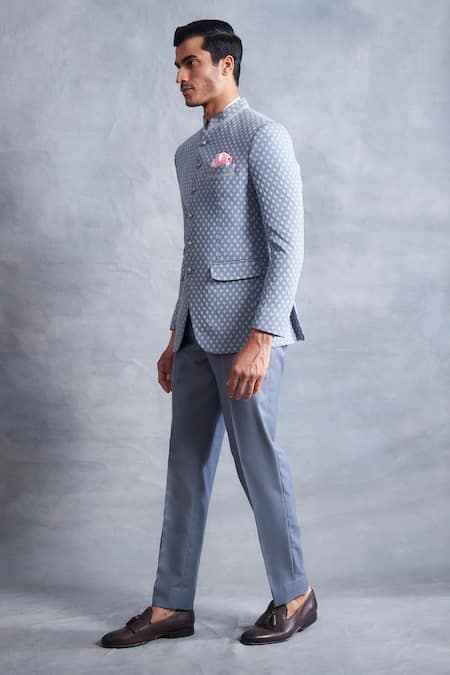 Gargee Designers_Grey , Textured Plain Bandhgala Set _Online_at_Aza_Fashions