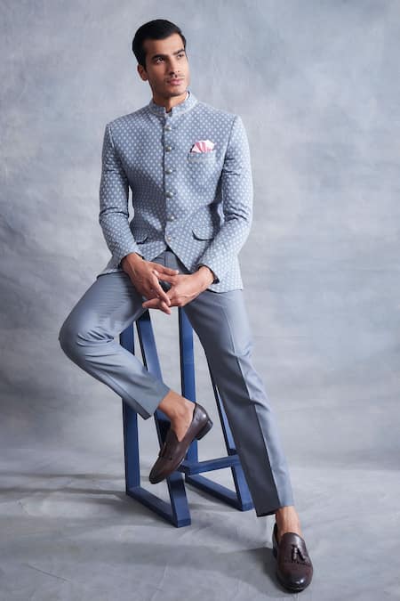 Buy_Gargee Designers_Grey , Textured Plain Bandhgala Set _Online_at_Aza_Fashions