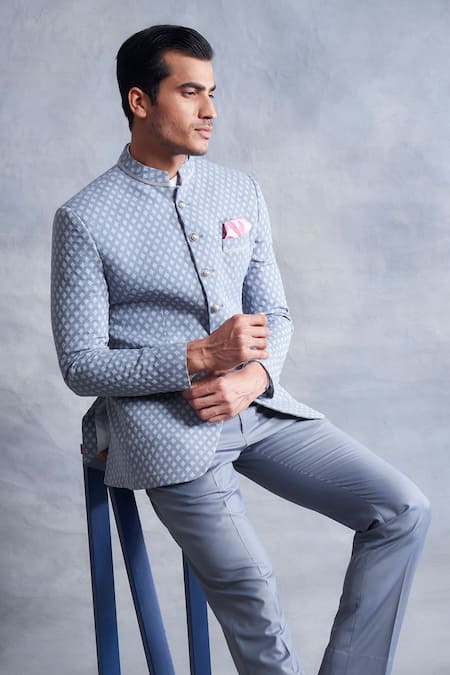 Shop_Gargee Designers_Grey , Textured Plain Bandhgala Set _Online_at_Aza_Fashions