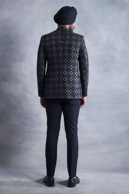 Shop_Gargee Designers_Black Poly Viscose Geometric Embroidered Bandhgala Set_at_Aza_Fashions