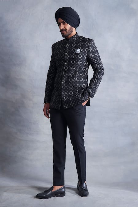 Gargee Designers_Black Poly Viscose Geometric Embroidered Bandhgala Set_Online_at_Aza_Fashions