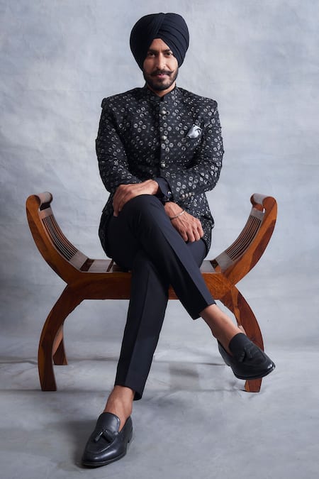 Buy_Gargee Designers_Black Poly Viscose Geometric Embroidered Bandhgala Set_Online_at_Aza_Fashions