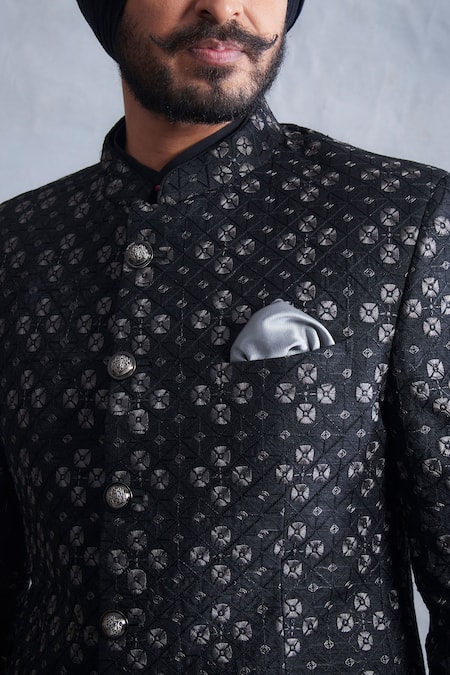 Shop_Gargee Designers_Black Poly Viscose Geometric Embroidered Bandhgala Set_Online_at_Aza_Fashions