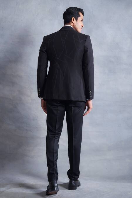Buy Black Textured Poly Viscose Woven Embroidered Tuxedo Jacket