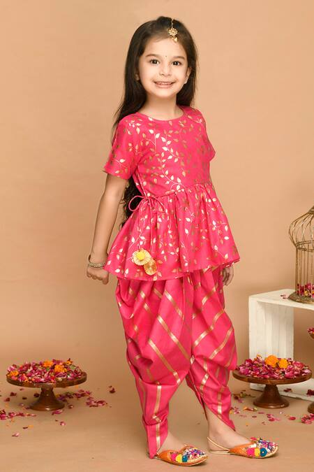 Saka Designs Fuchsia Cotton Embroidery, Zari Leaf Print Kurta And Dhoti Pant Set Online at Aza Fashions Saka Designs_Fuchsia Cotton Embroidery, Zari Leaf Print Kurta And Dhoti Pant Set_Online_at_Aza_Fashions