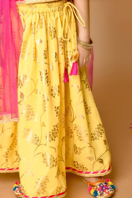 Saka Designs_Yellow Cotton, Chiffon Embroidery Floral Print Lehenga Set_at_Aza_Fashions