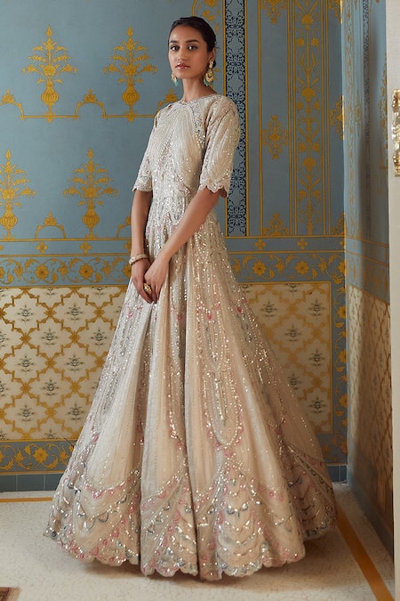Osaa By Adarsh_Beige Organza Floral, Pearl, Aari, Zardozi Round Embroidered Gown_Online_at_Aza_Fashions