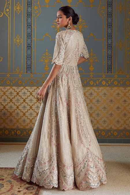 Shop_Osaa By Adarsh_Beige Organza Floral, Pearl, Aari, Zardozi Round Embroidered Gown_at_Aza_Fashions