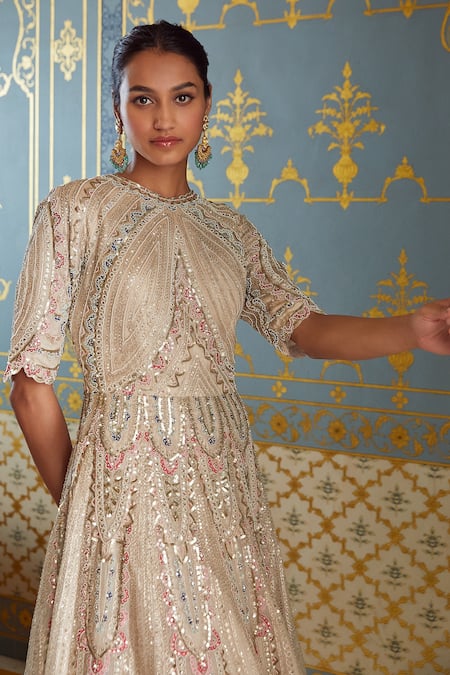 Buy_Osaa By Adarsh_Beige Organza Floral, Pearl, Aari, Zardozi Round Embroidered Gown_Online_at_Aza_Fashions