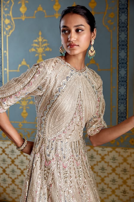 Shop_Osaa By Adarsh_Beige Organza Floral, Pearl, Aari, Zardozi Round Embroidered Gown_Online_at_Aza_Fashions