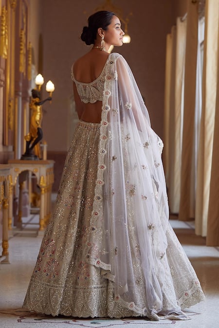 Shop Osaa By Adarsh White Silk Floral, Pearl, Zardozi Round Embroidered Bridal Lehenga Set at Aza Fashions Shop_Osaa By Adarsh_White Silk Floral, Pearl, Zardozi Round Embroidered Bridal Lehenga Set_at_Aza_Fashions