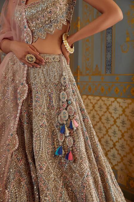 Osaa By Adarsh_Grey Organza Floral, Zardozi Round Embroidered Bridal Lehenga Set_Online_at_Aza_Fashions