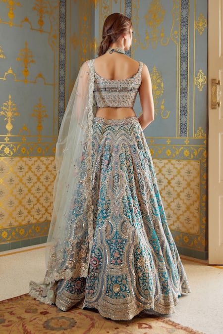 Osaa By Adarsh_Green Organza Floral, Zardozi Sweetheart Neck Embroidered Bridal Lehenga Set _Online_at_Aza_Fashions