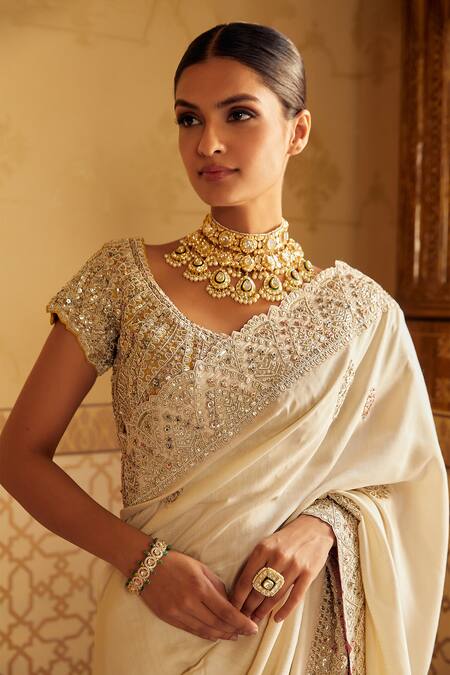 Osaa By Adarsh_White Muga Silk Floral Round Embroidered Saree With Blouse_Online_at_Aza_Fashions