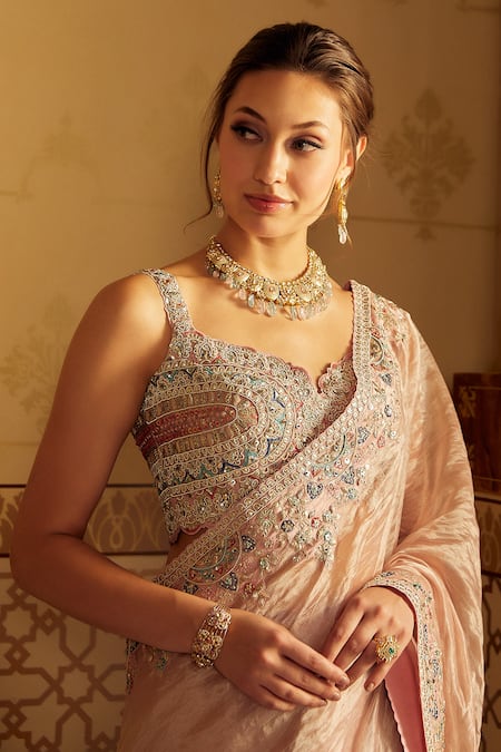 Buy_Osaa By Adarsh_Pink Tissue Organza Floral Sweetheart Neck Embroidered Saree With Blouse_Online_at_Aza_Fashions