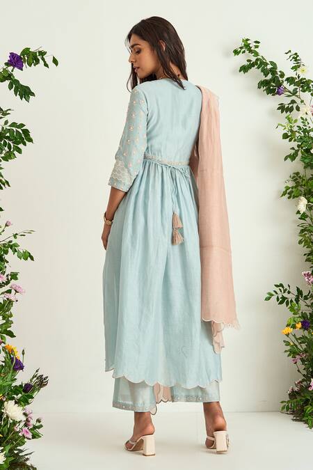 Shop Keosha Blue Silk Chanderi Floral, Pearl, Resham V Neck Anarkali Set at Aza Fashions Shop_Keosha_Blue Silk Chanderi Floral, Pearl, Resham V Neck Anarkali Set_at_Aza_Fashions