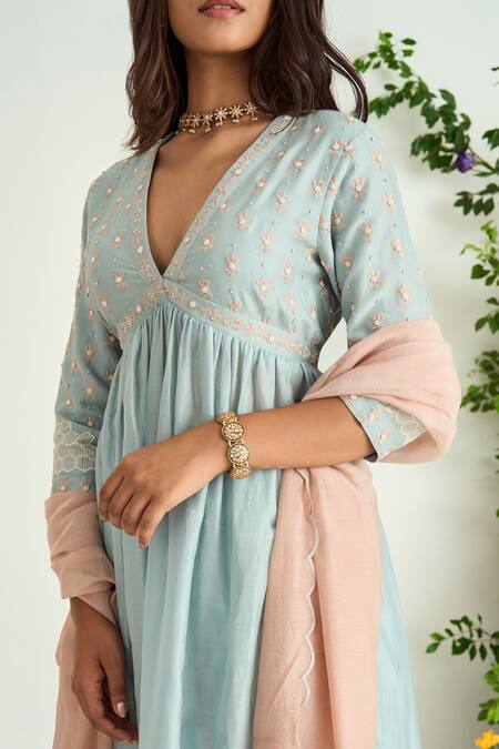 Buy Keosha Blue Silk Chanderi Floral, Pearl, Resham V Neck Anarkali Set Online at Aza Fashions Buy_Keosha_Blue Silk Chanderi Floral, Pearl, Resham V Neck Anarkali Set_Online_at_Aza_Fashions