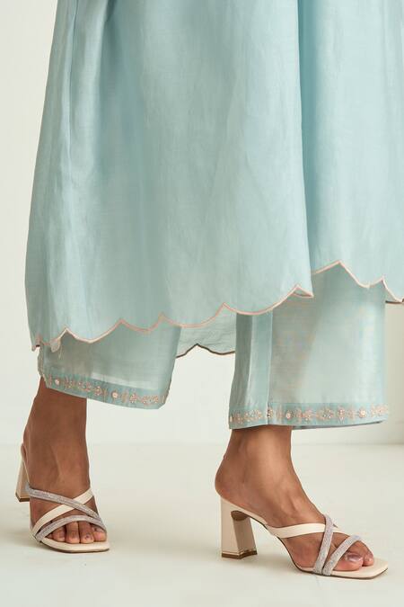 Shop Keosha Blue Silk Chanderi Floral, Pearl, Resham V Neck Anarkali Set Online at Aza Fashions Shop_Keosha_Blue Silk Chanderi Floral, Pearl, Resham V Neck Anarkali Set_Online_at_Aza_Fashions