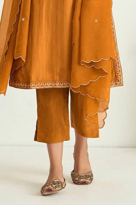 Shop_Keosha_Yellow Organza, Uppada Silk Floral, Resham, Sequin, Zari Embroidered Kurta Set_Online_at_Aza_Fashions