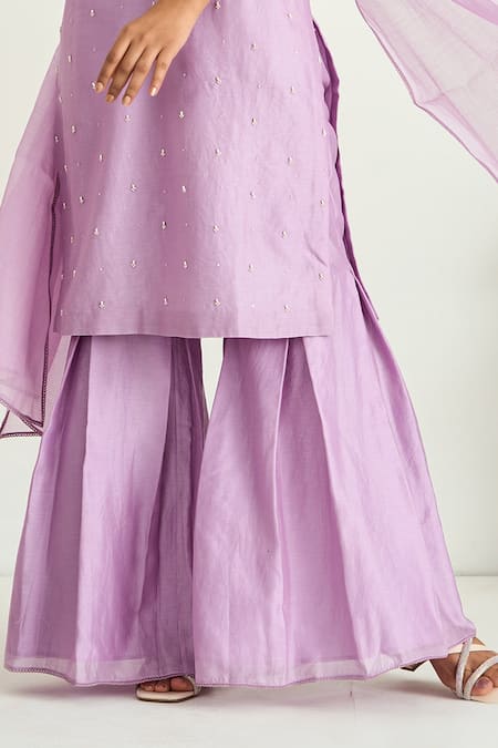 Buy_Keosha_Purple Silk Chanderi Pearl, Sequin Round Embroidered Kurta Sharara Set_Online_at_Aza_Fashions