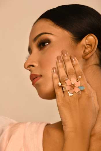 Khwaab By Sanjana Lakhani_Gold Plated Stone Asteria Floral Ring _Online_at_Aza_Fashions
