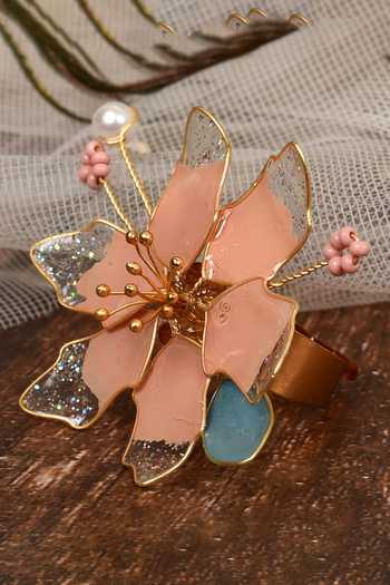 Shop_Khwaab By Sanjana Lakhani_Gold Plated Stone Asteria Floral Ring _Online_at_Aza_Fashions