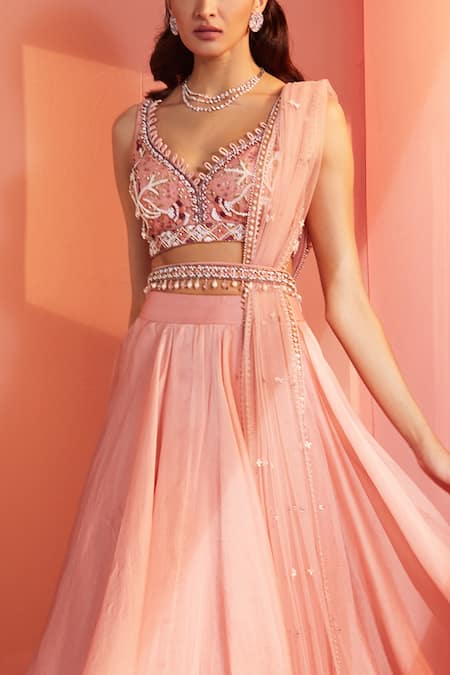 Shop Label Sanya Gulati Pink Organza And Net Lining Shantoon Cutdana, Lehenga & Embroidered Blouse Set at Aza Fashions Shop_Label Sanya Gulati_Pink Organza And Net Lining Shantoon Cutdana, Lehenga & Embroidered Blouse Set _at_Aza_Fashions