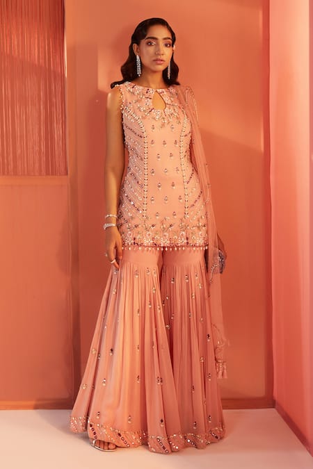 Label Sanya Gulati Pink Georgette And Net Lining Shantoon Cutdana, Embroidered Kurta Sharara Set 