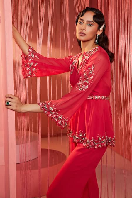 Buy Label Sanya Gulati Red Georgette Lining Shantoon Cutdana, Embroidered Kurta And Flared Pant Set Online at Aza Fashions Buy_Label Sanya Gulati_Red Georgette Lining Shantoon Cutdana, Embroidered Kurta And Flared Pant Set _Online_at_Aza_Fashions