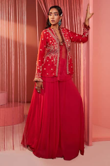 Double Cream Sharara Suit Teamed With Hand Embroidered Jacket And Crop Top  – Viraaya By Ushnakmals