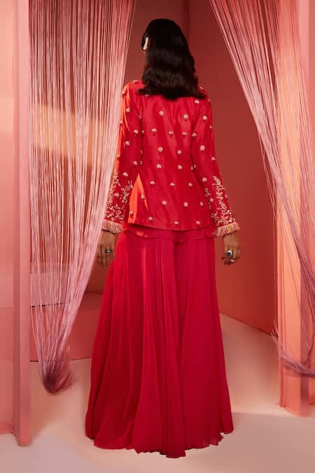 Shop Label Sanya Gulati Red Silk, Organza And Georgette Lining Embroidered Peplum Jacket & Sharara Set at Aza Fashions Shop_Label Sanya Gulati_Red Silk, Organza And Georgette Lining Embroidered Peplum Jacket & Sharara Set _at_Aza_Fashions