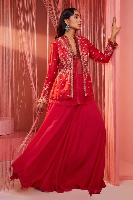 Label Sanya Gulati Red Silk, Organza And Georgette Lining Embroidered Peplum Jacket & Sharara Set Online at Aza Fashions Label Sanya Gulati_Red Silk, Organza And Georgette Lining Embroidered Peplum Jacket & Sharara Set _Online_at_Aza_Fashions