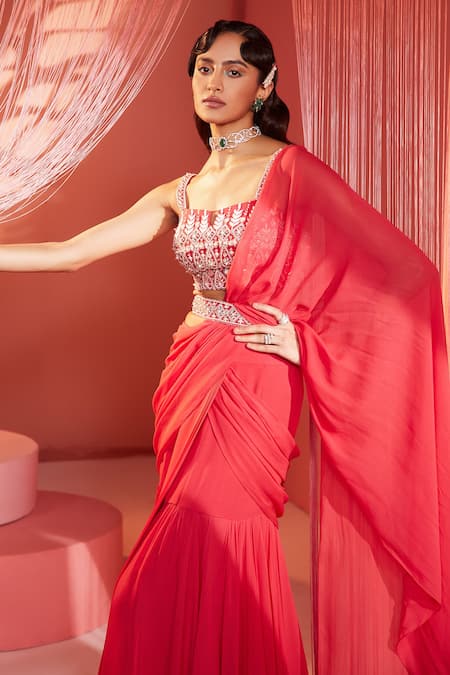 Buy Label Sanya Gulati Red Georgette Lining Shantoon Pre-stitched Saree With Embroidered Blouse Online at Aza Fashions Buy_Label Sanya Gulati_Red Georgette Lining Shantoon Pre-stitched Saree With Embroidered Blouse _Online_at_Aza_Fashions