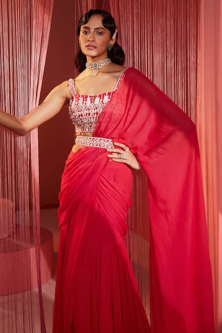 Shop Label Sanya Gulati Red Georgette Lining Shantoon Pre-stitched Saree With Embroidered Blouse Online at Aza Fashions Shop_Label Sanya Gulati_Red Georgette Lining Shantoon Pre-stitched Saree With Embroidered Blouse _Online_at_Aza_Fashions