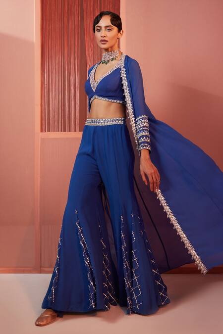 Label Sanya Gulati Blue Georgette Lining Shantoon Cutdana And Nalki, Embroidered Cape & Sharara Set 