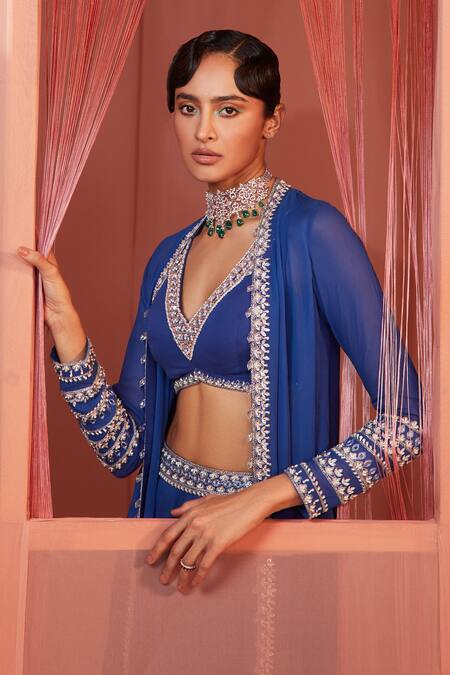 Label Sanya Gulati_Blue Georgette Lining Shantoon Cutdana And Nalki, Embroidered Cape & Sharara Set _Online_at_Aza_Fashions