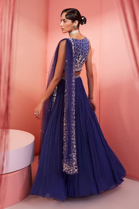 Shop Label Sanya Gulati Blue Georgette Lining Shantoon Cutdana, Multi Lehenga And Embroidered Blouse Set at Aza Fashions Shop_Label Sanya Gulati_Blue Georgette Lining Shantoon Cutdana, Multi Lehenga And Embroidered Blouse Set _at_Aza_Fashions